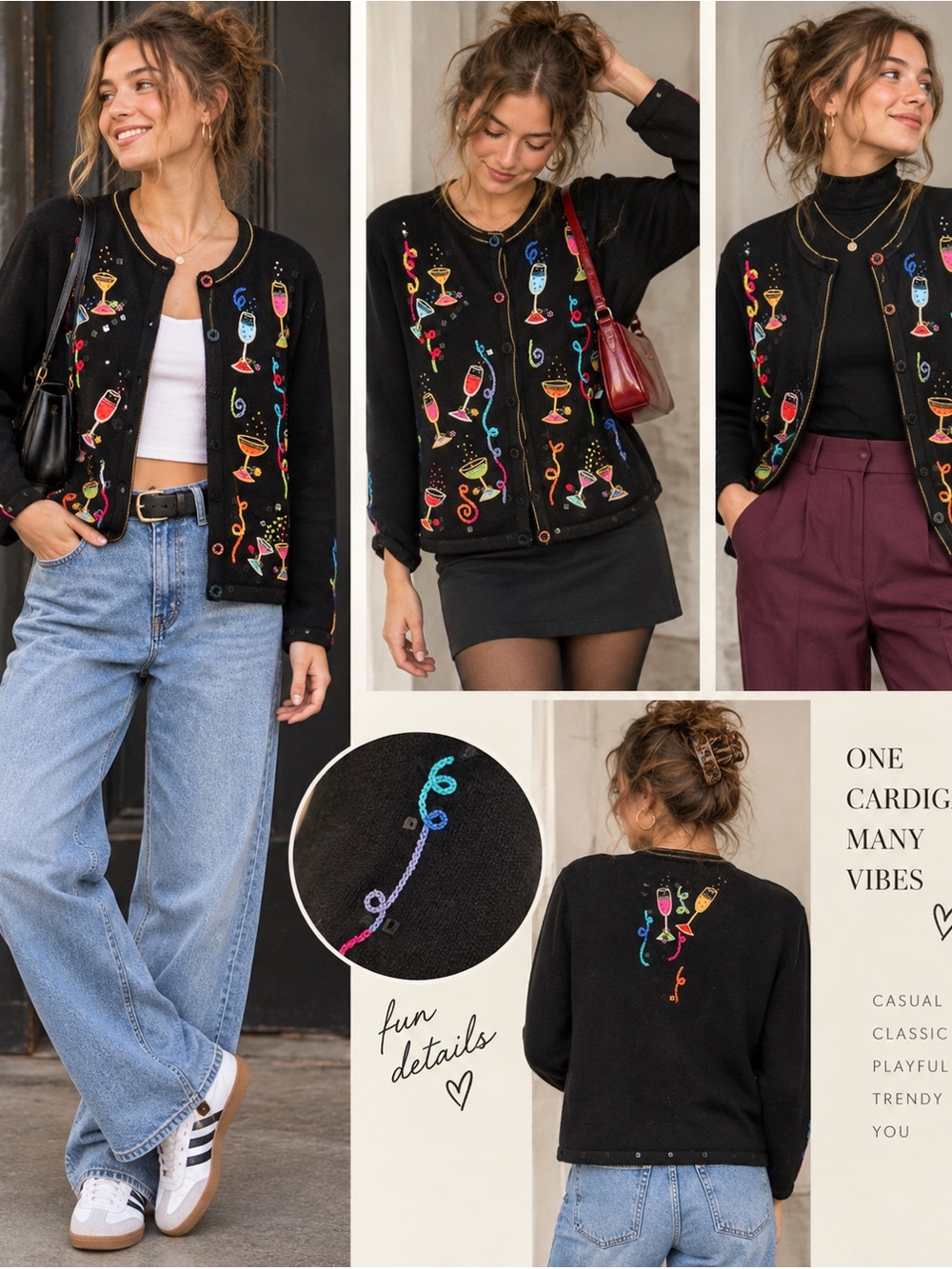 Vintage Berek Takako Chigashi Black Cocktail Glass Embroidered Cardigan Sweater